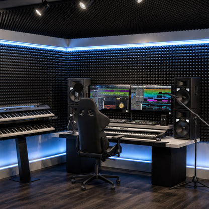 Modern music production studio with equipment and acoustic panels.