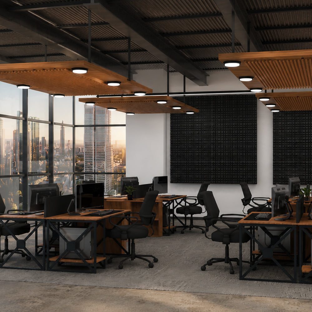 Modern office space with large windows overlooking a cityscape.