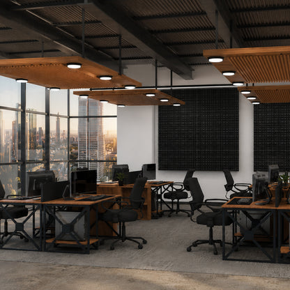 Modern office space with large windows overlooking a cityscape.
