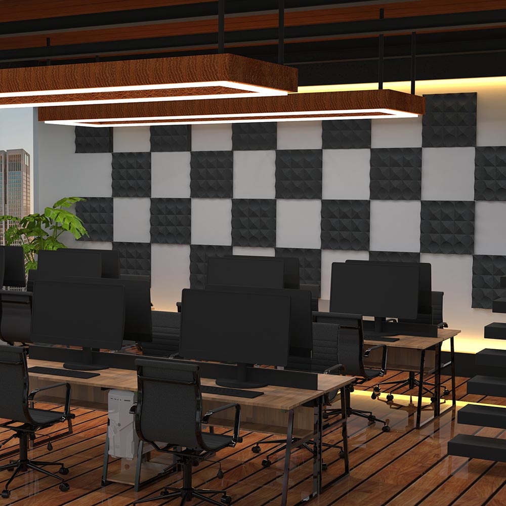Petal designer acoustic panel in Obsidian™ rendered in an office environment.
