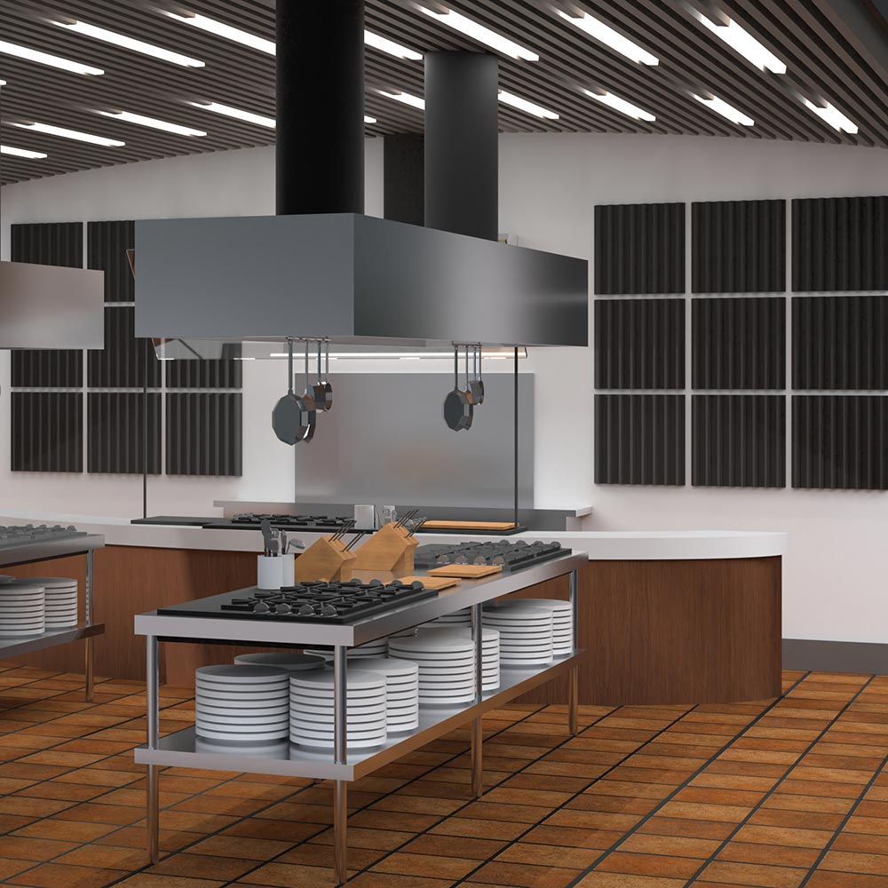 Ripple acoustic sound panels in Obsidian rendered in a commercial kitchen environment.